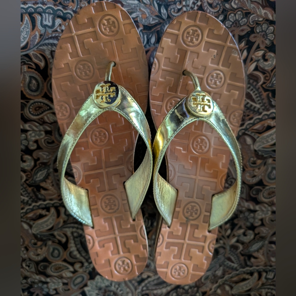 Tory Burch Platform Gold Wedge Sandal Flip Fllops Size 7M